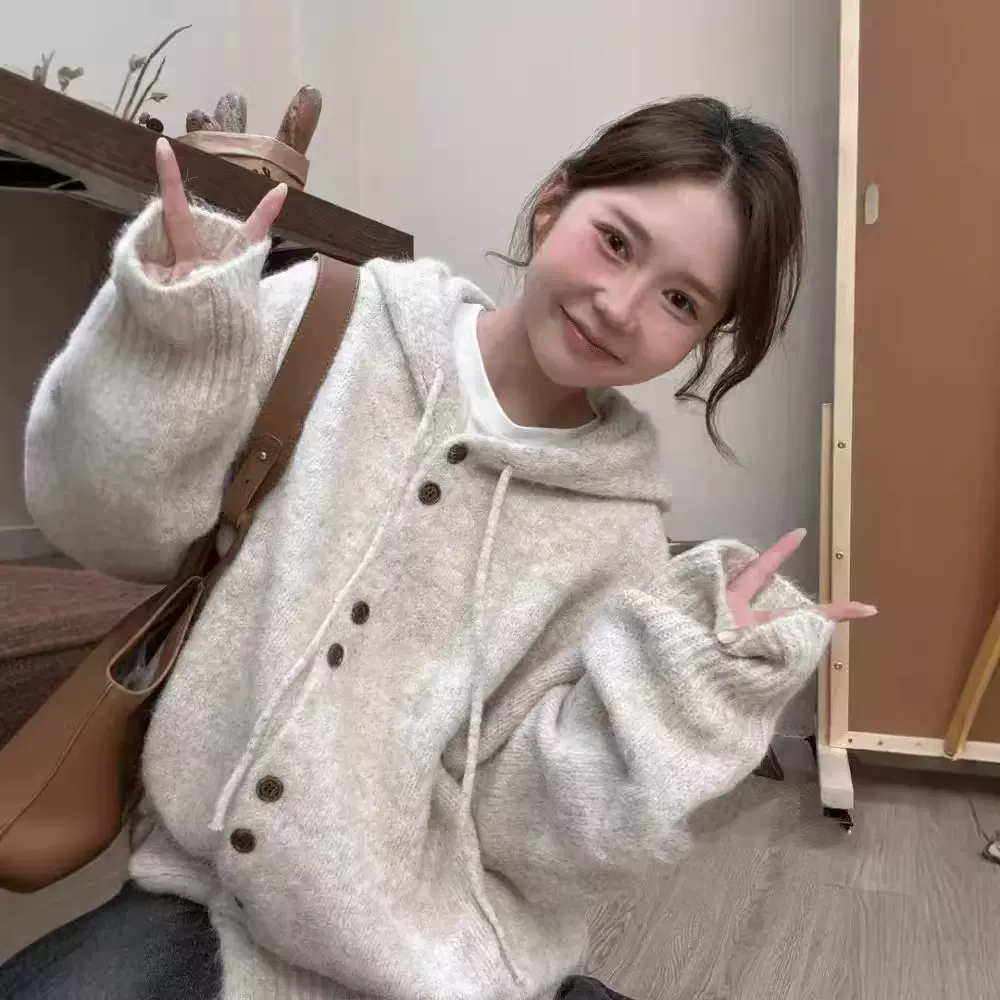 韩系休闲含毛混色连帽针织开衫女慵懒风软糯毛绒新款毛衣外套女