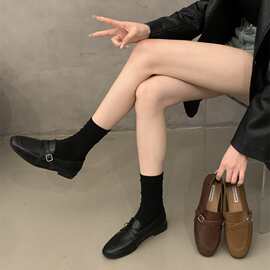 粗跟简约百搭小皮鞋女鞋2025年春秋新款舒适软底复古懒人乐福单鞋