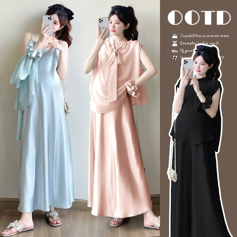 Pregnant Women's dress Summer Dress High-end Pregnancy Wear Satin Acetic Acid Top Slip Skirt Elegant Commuter Two-piece Set