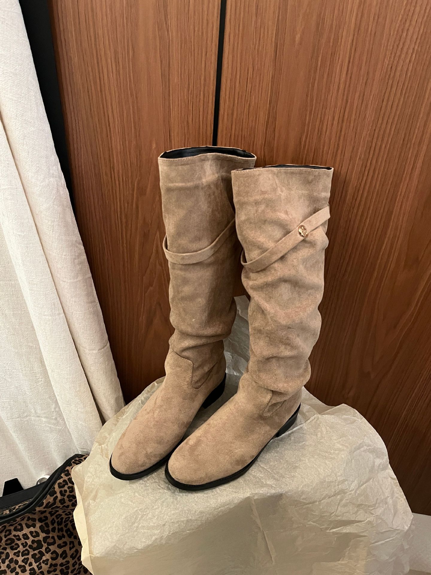 ShoeVault 2024 Chunky Heel Retro Fleece-Lined Coffee Color Riding French Style Slim Bare Autumn Winter Women's Over-the-Knee Boots_voghion.com