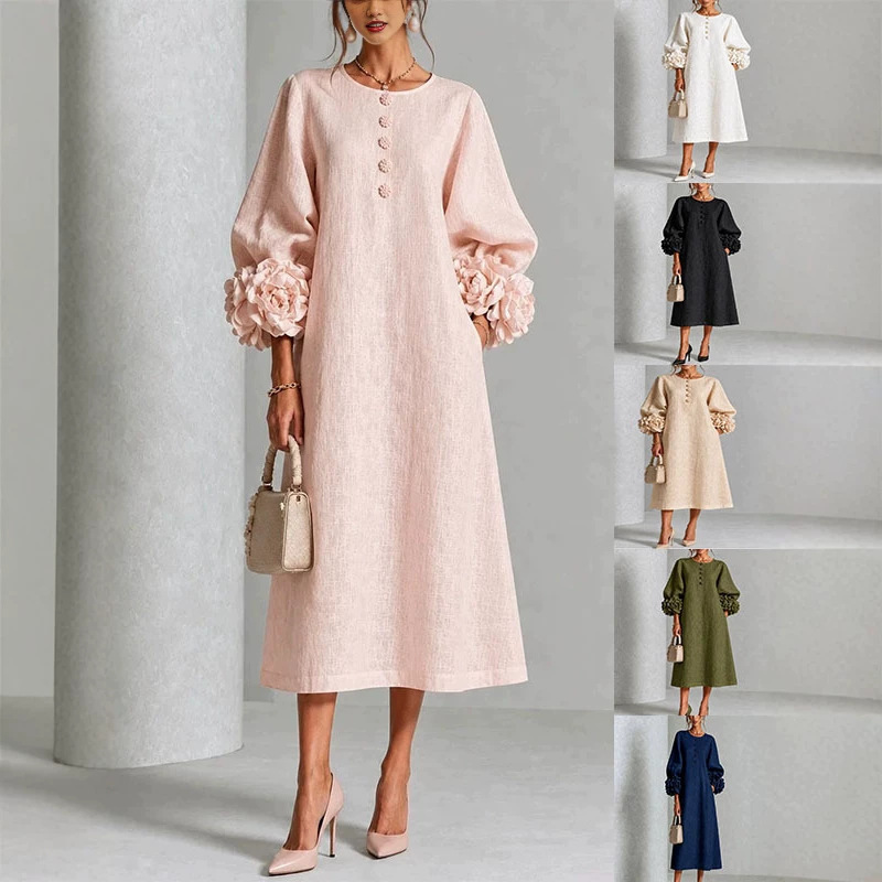 2026 cross-border European and American new arrivals: Amazon independent store, French-style 3D floral lantern-sleeve cotton and linen midi dress 2026 cross-border European and American new arrivals: Amazon independent store, French-style 3D floral lantern-sleeve cotton and linen midi dress