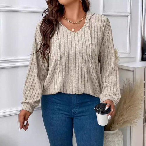 2025 Amazon Autumn/Winter New Pure Color Plus Size Women's Top V-Neck Hooded Long-Sleeve Ribbed Fleece T-Shirt Loose Fit