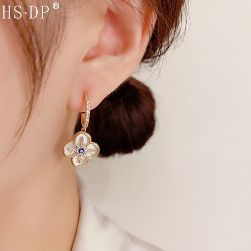 S925 Silver Needle Korean-Chinese Style Fashion Light Luxury C-Shaped Earrings for Women with Zirconia Star and Four-Leaf Clover Drop Earrings Wholesale