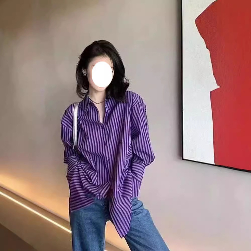 Retro Hong Kong Style Bf Style Vertical Stripesd Shirt Women's Design Niche Top 2024 Purple Loose Versatile Shirt Trend Retro Hong Kong Style Bf Style Vertical Stripesd Shirt Women's Design Niche Top 2024 Purple Loose Versatile Shirt Trend