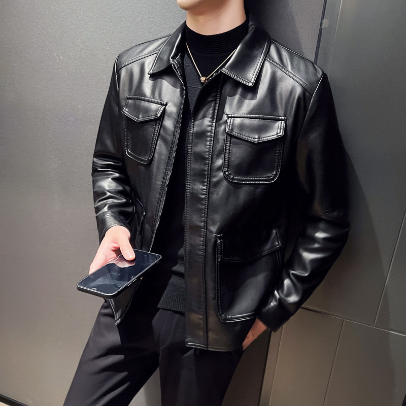 Men's Multi-Pocket Casual Leather Jacket 2023 New European and American Solid Color Leather Jacket Men's Autumn Coat Lapel Biker Jacket Men's Multi-Pocket Casual Leather Jacket 2023 New European and American Solid Color Leather Jacket Men's Autumn Coat Lapel Biker Jacket