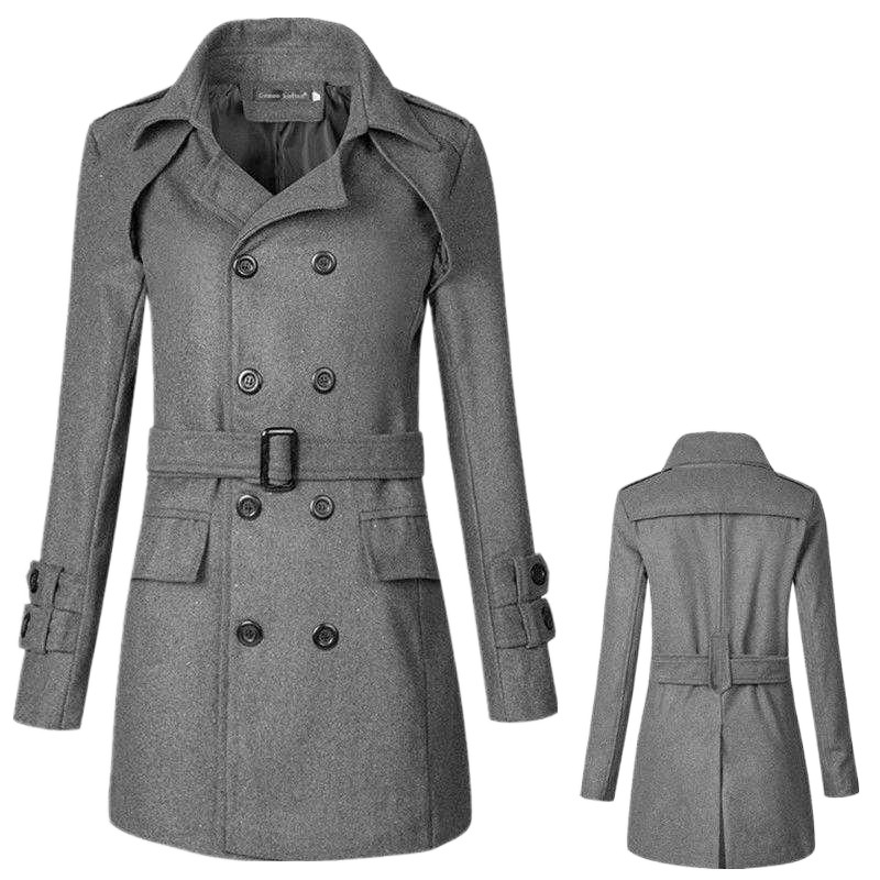 Abrigo retro británico de mediana longitud hebilla abrigo de lana de doble fila de lana engrosada para hombres cinturón rompevientos Delgado Otoño e Invierno estilo japonés