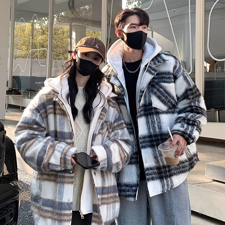 Chaqueta a cuadros de dos piezas falsa americana de moda nacional de nuevo estilo para hombre, chaqueta acolchada de algodón con capucha de lana retro gruesa y cálida para otoño e invierno
