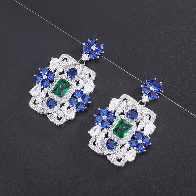 Fashion Square Flower Brass Inlay Artificial Gemstones Drop Earrings 1 Pair