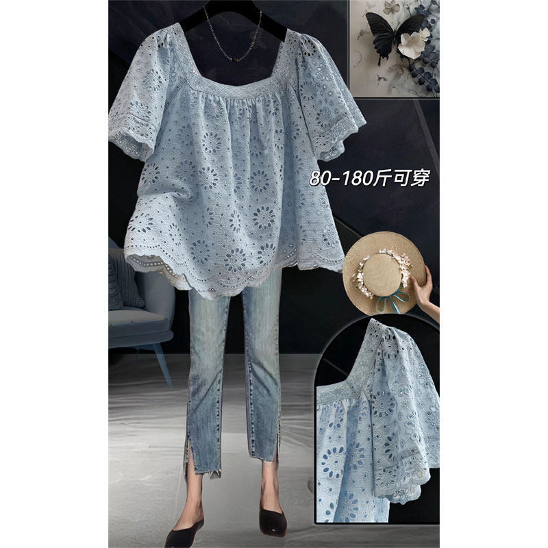 Plus-Size Thin Blouse for Chubby Girls, Summer Design with Hollow-Out Square Neck, Puff Sleeves, Lace Top, Trendy Plus-Size Thin Blouse for Chubby Girls, Summer Design with Hollow-Out Square Neck, Puff Sleeves, Lace Top, Trendy