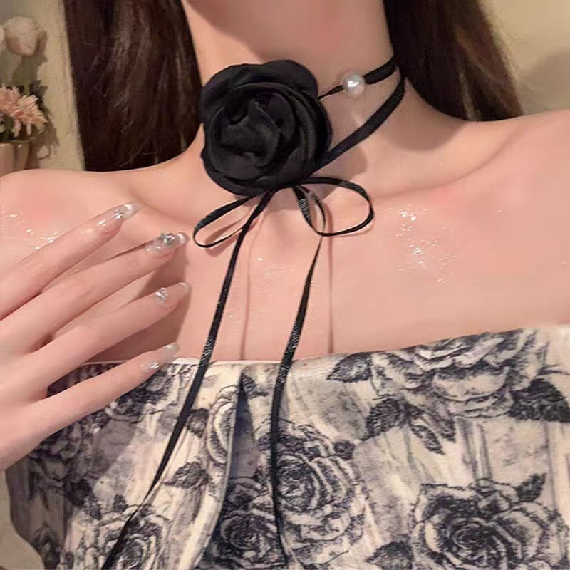 Ankora 레드 로즈 목걸이 여성 쥬얼리 동백 레이스 칼라 목걸이 초커 진주 쇄골 체인