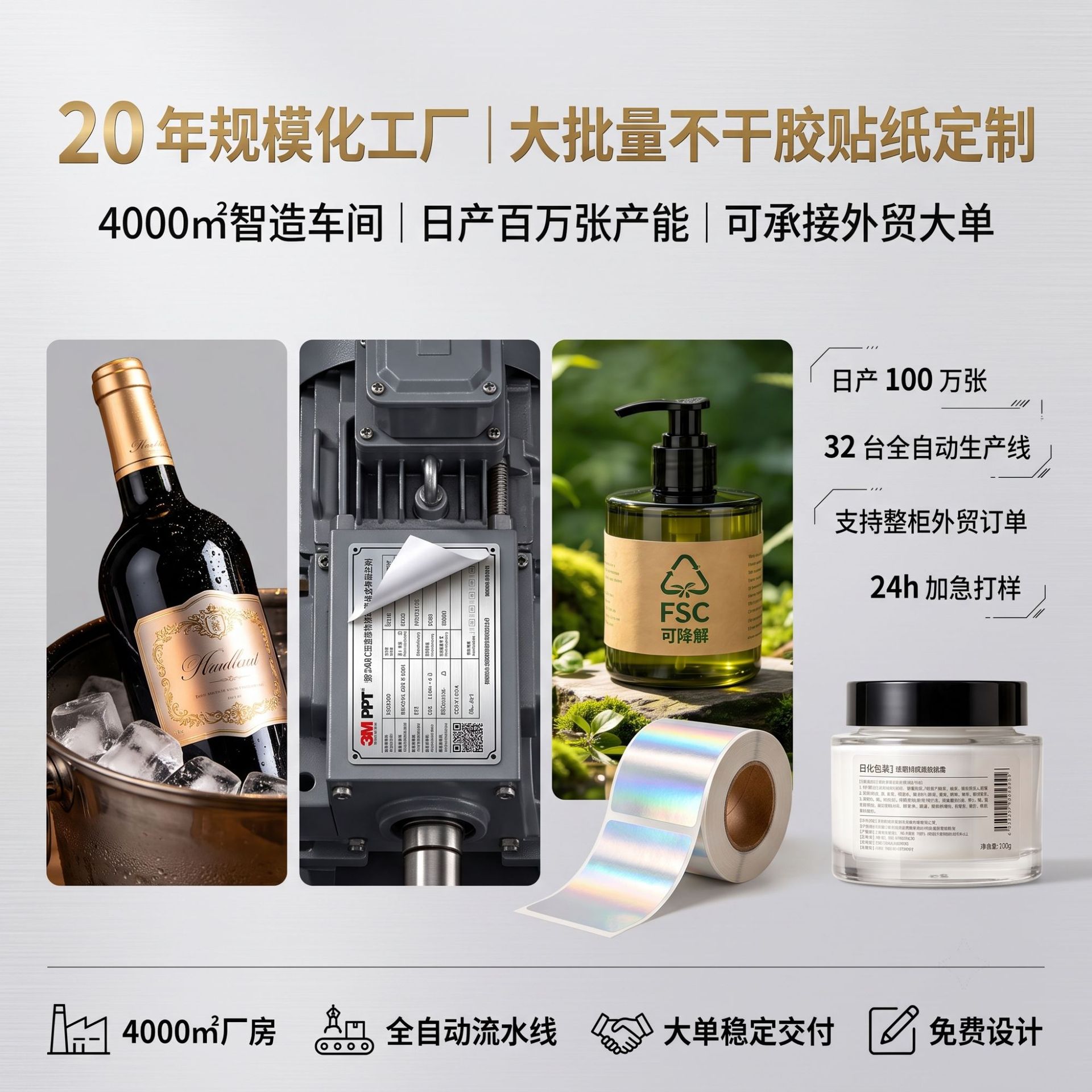 跨境定制不干胶贴纸印刷PET防水标签卡通机械铭牌茶酒日化PET贴纸