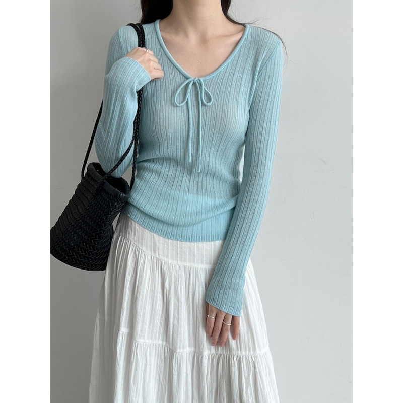 Mu Si 100% wool blogger's same style ribbed knitted base shirt with ties, slim-fit long-sleeve sweater for women M7243 Mu Si 100% wool blogger's same style ribbed knitted base shirt with ties, slim-fit long-sleeve sweater for women M7243