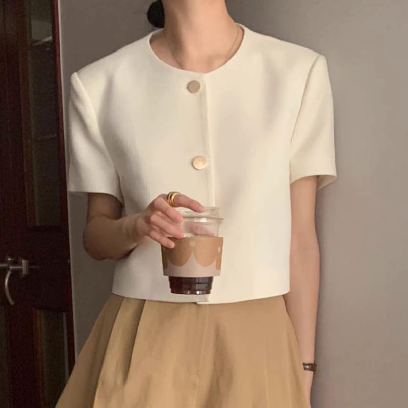 Corea del Sur chic verano estilo chanel cuello redondo de un solo pecho casual todo partido manga soplo abrigo corto de las mujeres chal