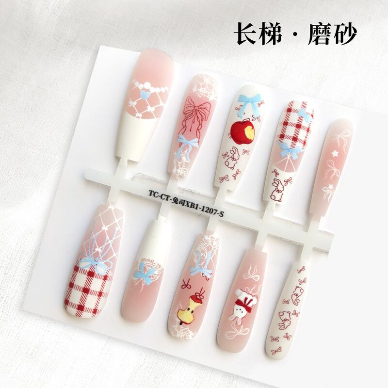 New Style Wearable Nails Matte Rabbit Design Cute Apple Pre-Made Nails Removable Wearable Nail Stickers Fake Nail Pieces