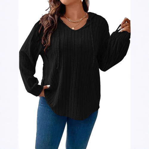 2025 Amazon Autumn/Winter New Solid Color Plus Size Women's Top V-Neck Hooded Long-Sleeve Plaid Fleece T-Shirt Loose Fit