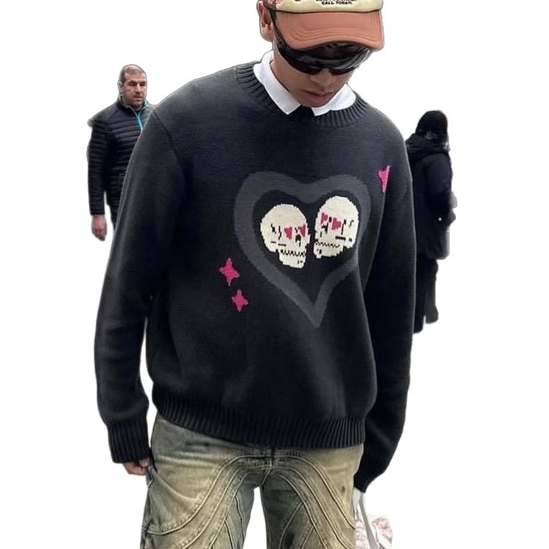 Streetwear Halloween Strickpullover – Übergroßer Unisex-Pullover mit Geister- und Sternenstickerei_voghion.com