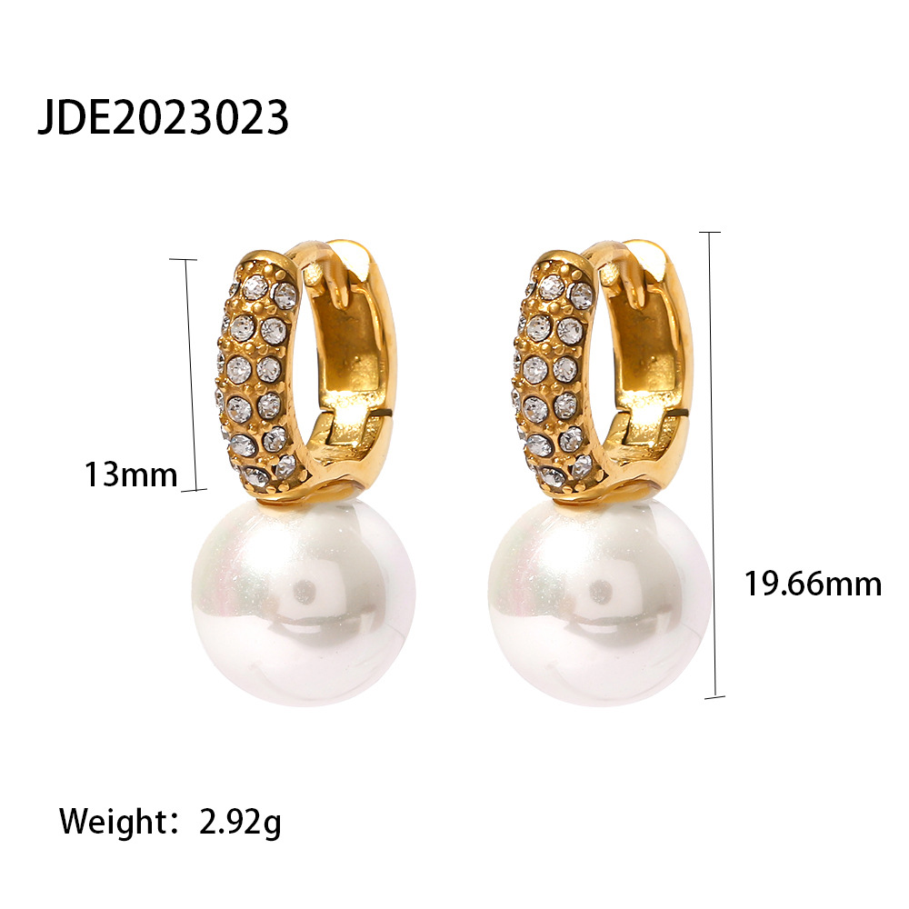 Simple Style Circle Stainless Steel Earrings Inlay Pearl Zircon Stainless Steel Earrings 1 Pair