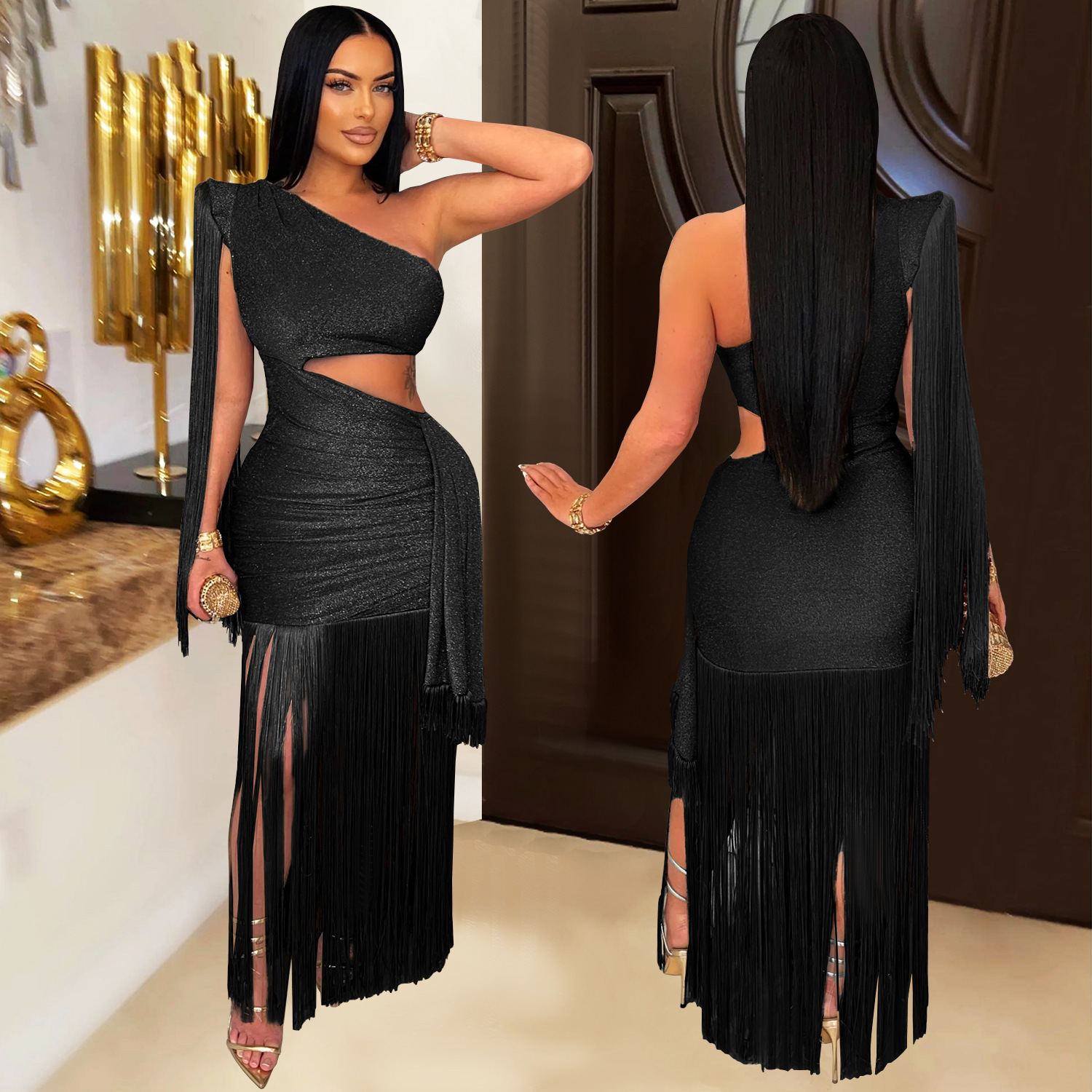 C7428 Cross-border AliExpress Amazon Moda europea y americana Vestido de falda larga con flecos de un solo hombro casual sexy para mujer
