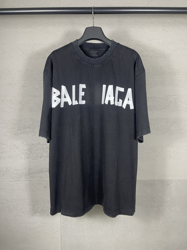 パリの高バージョンB家半袖春夏の新型テーププルプリントが服になって水洗いして古い男女tシャツを作る|undefined