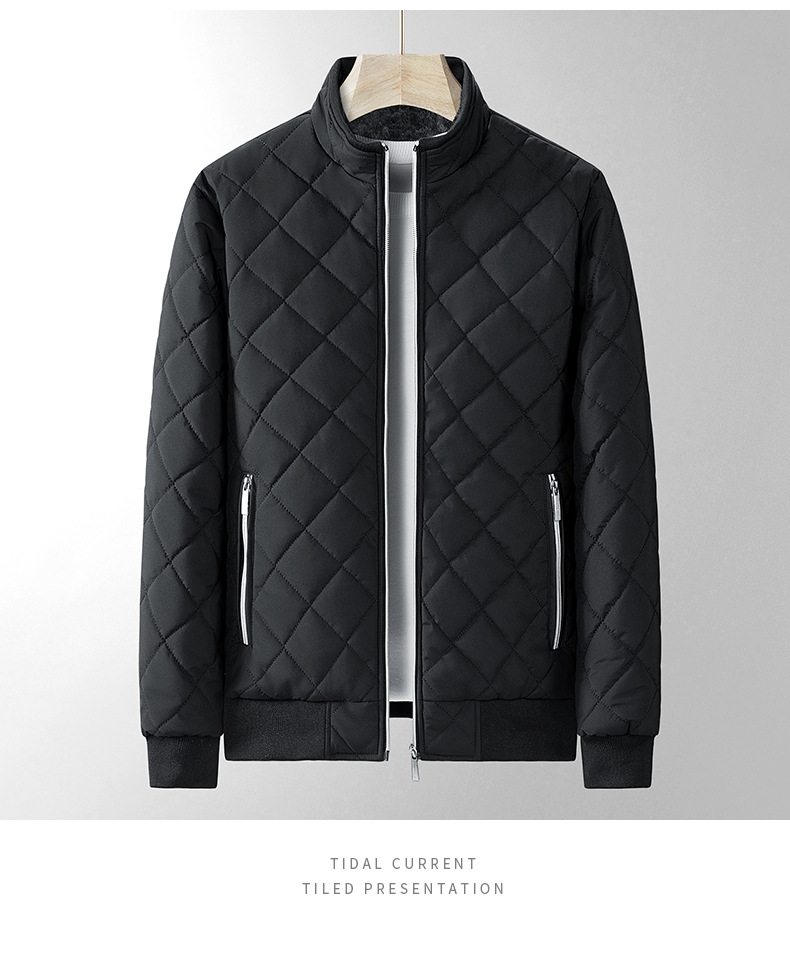 2023 Winter New Solid Color Thick Men's Diamond Grid Stand up Collar Cotton Jacket_voghion.com