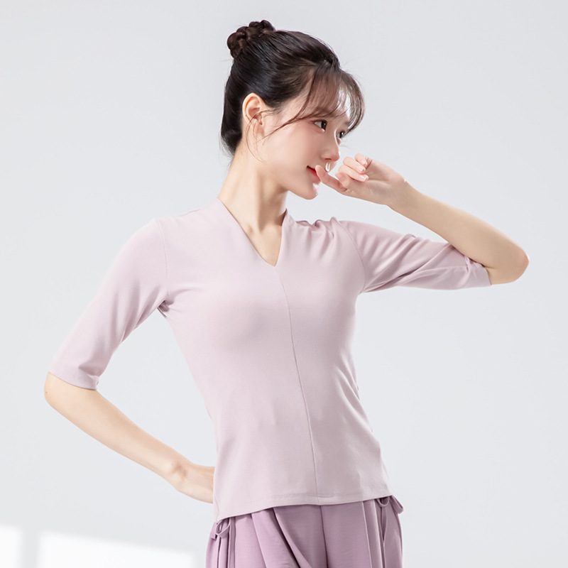 モダンダンス練習着 女性用 新型 Vネック スリムフィット 半袖ニットトップス 中国舞踊 日常体操 ダンスウェア|undefined