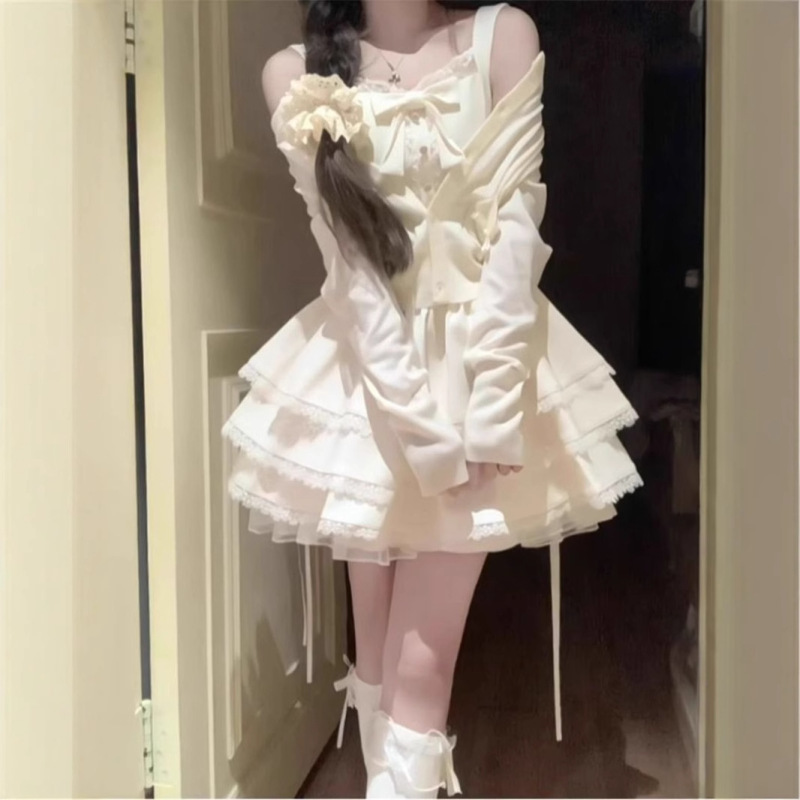 小柄な人向けの夏の純粋な欲望の高級サスペンダーケーキドレス+アプリコットカーディガン日焼け止め2点セット|undefined