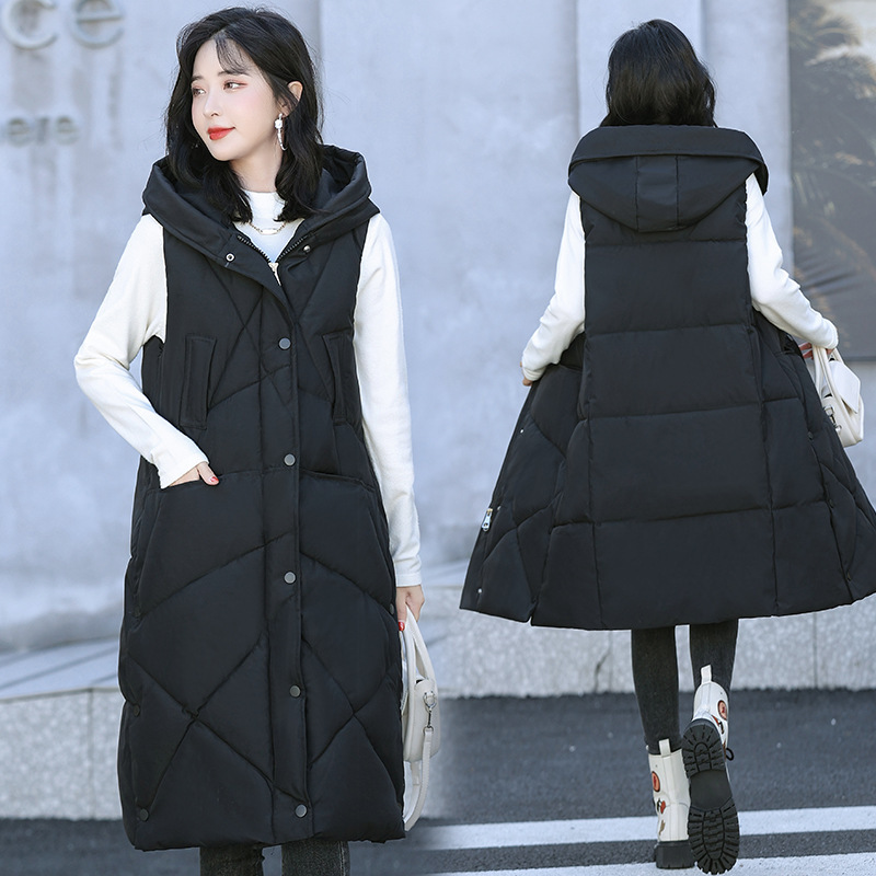長い膝を越えたダウン綿のベスト女性韓国版フード付きカジュアルベストの外には、ゆるい馬のジャケットを着ています|undefined