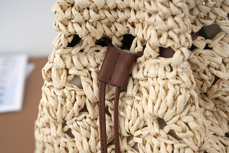 Color Block Pattern Women's Straw Color Block Vacation Beach Weave Bucket String Straw Bag