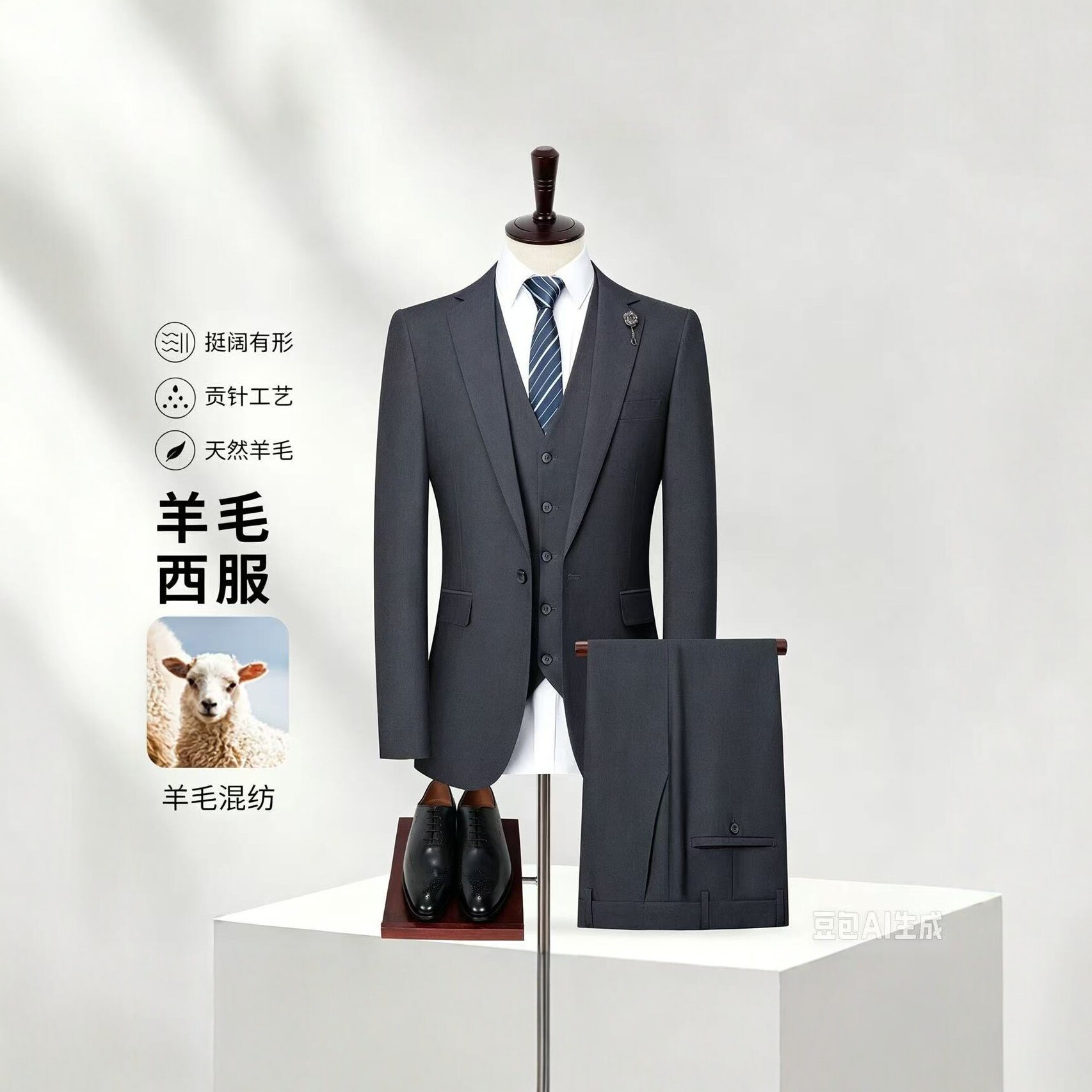 男士羊毛混纺西服套装商务正装三件套工装结婚新郎伴郎礼服纯色