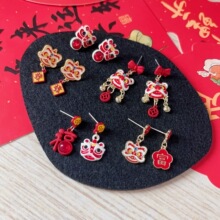 马年春节醒狮年兽耳环招财纳福喜庆国潮耳钉银针耳夹耳饰批发