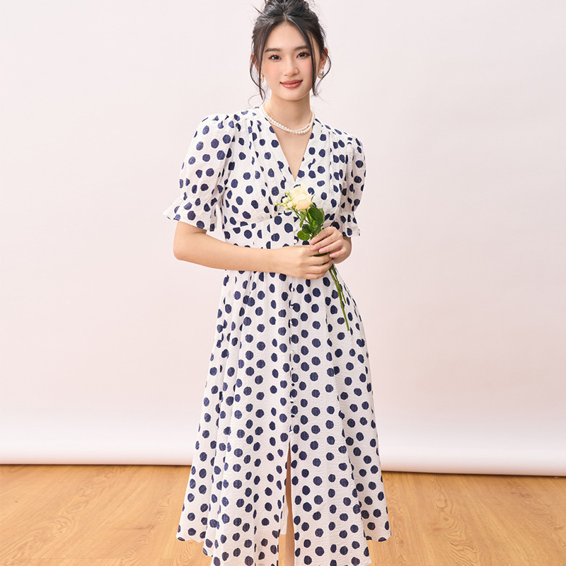 Retro French Dress Summer Women's New Polka Dot Holiday Style Waist Slimming Puff Sleeve Princess Dress for Women