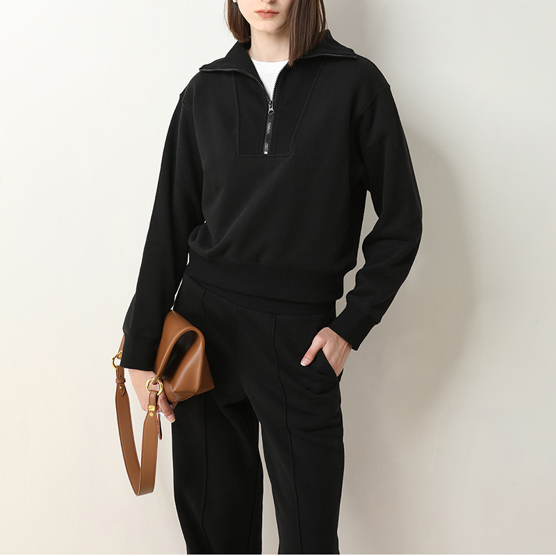 CANVAUS medio cuello abierto cremallera suéter forrado de lana de las mujeres Otoño e Invierno gota hombro manga larga suelta capa de color sólido simple superior