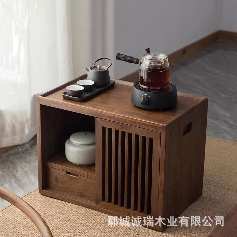 シンプルな新中式無垢材茶水キャビネット、畳用茶テーブルキャビネット、低床移動式レトロ古材水沸かしキャビネット|undefined