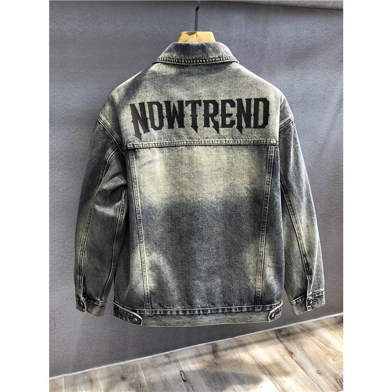 High-end Retro Letter Thick Plate Silicone Printed Washed Denim Jacket Men's Spring and Autumn Loose American Style Work Jacket for Men
