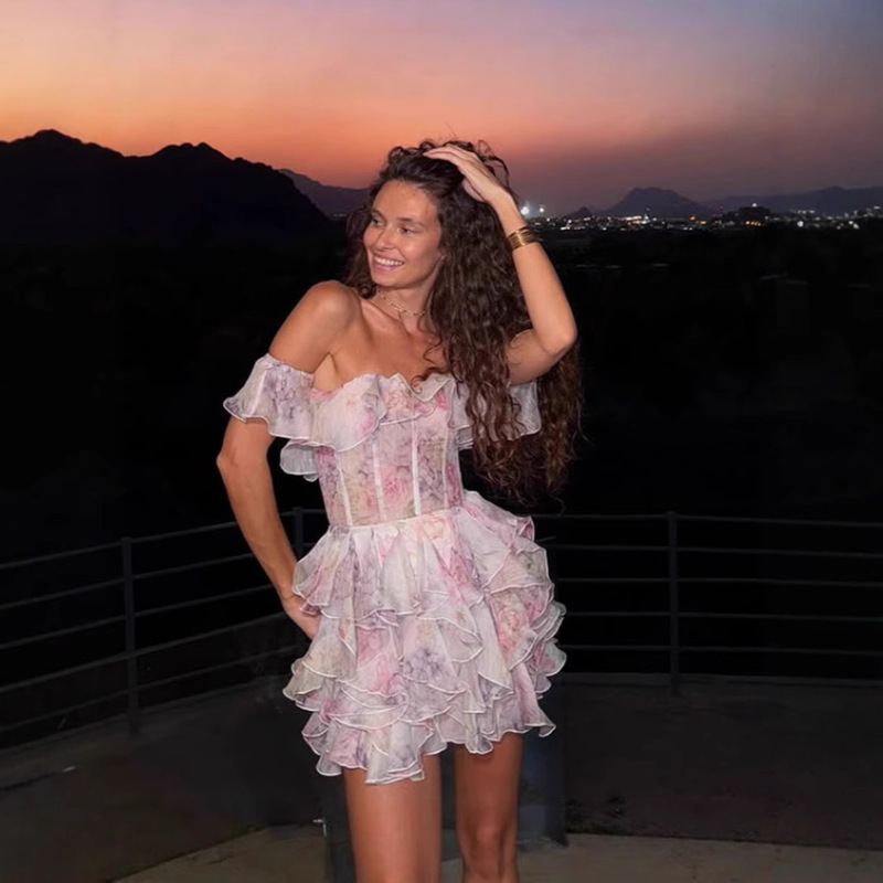 2026 Halter Neck Spring and Summer Cross-Border Trade New French Sweet Floral Print Waist-Cinching Short Dress Floral Stand Collar Dress