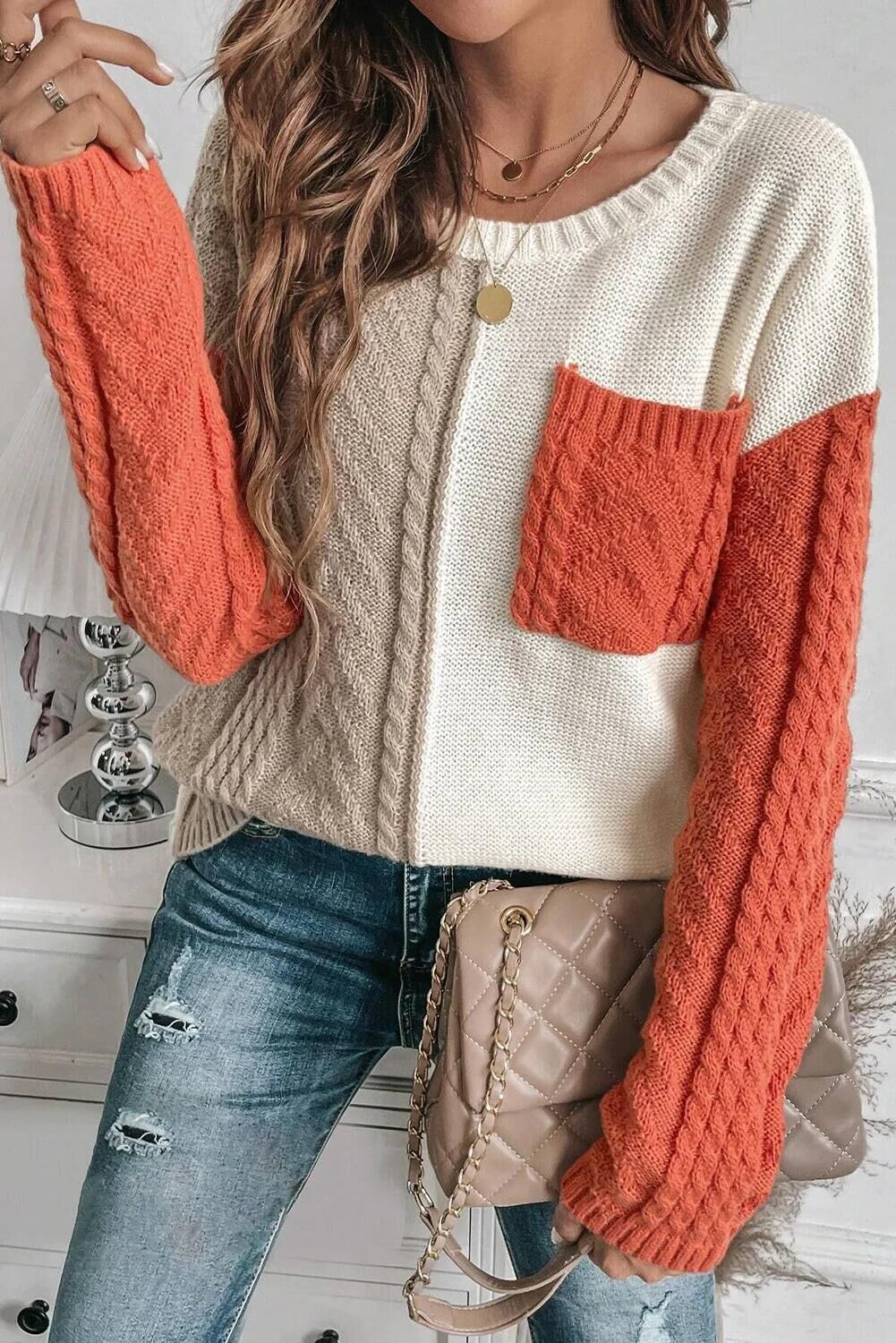 Cozy Patch-Pocket Sweater – Acrylic Blend Pullover With Contrast Stitching (S/M/L/XL, Oversized Fit, Fall-to-Winter Essential, Sweetheart Colors)_voghion.com