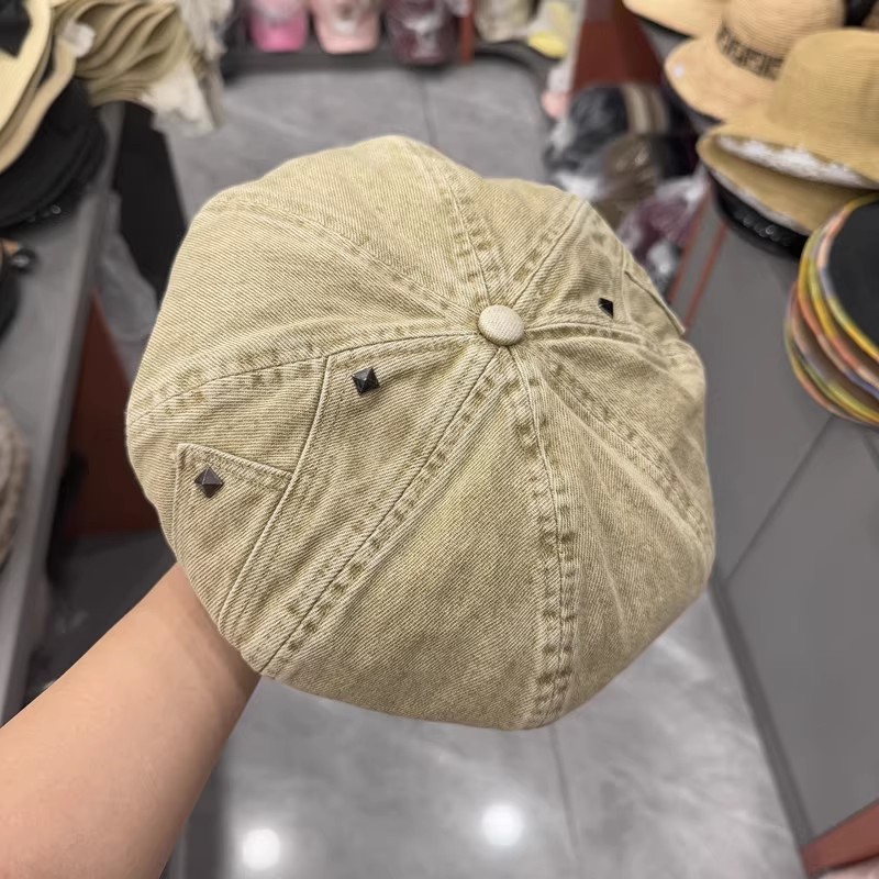 港风重工柳丁显瘦水洗棉布贝雷帽子女春秋百搭时装帽圆顶南瓜帽潮|undefined