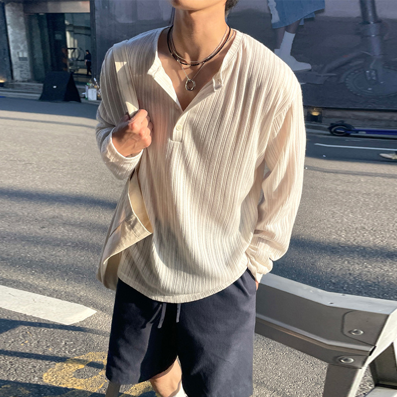 Henry Collar Ribbed Sun-Protective Knit Long-Sleeve T-Shirt for Men, Korean Style Fresh Elastic Casual Niche Knit Top