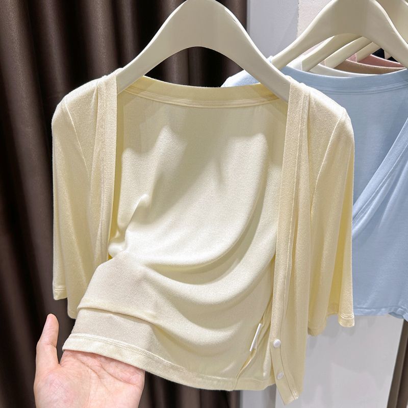 Women's Summer Sun-Protective Cardigan, Ice Silk Super Stretchy Half-Sleeve Modal Cotton Top, Thin Skin-Friendly Cover-Up Short Jacket