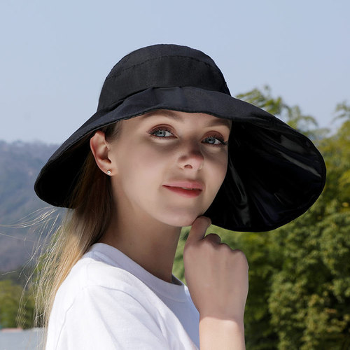 New Black Vinyl Flat Brim Sun Hat for Girls, Summer Wide Brim Sun Shield Hat, Foldable Fisherman Hat, Wholesale for Spring and Summer
