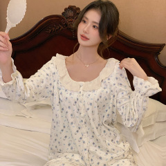 法式睡衣套装圆领长袖长裤女士秋冬款水貂绒甜美印花可外穿家居服