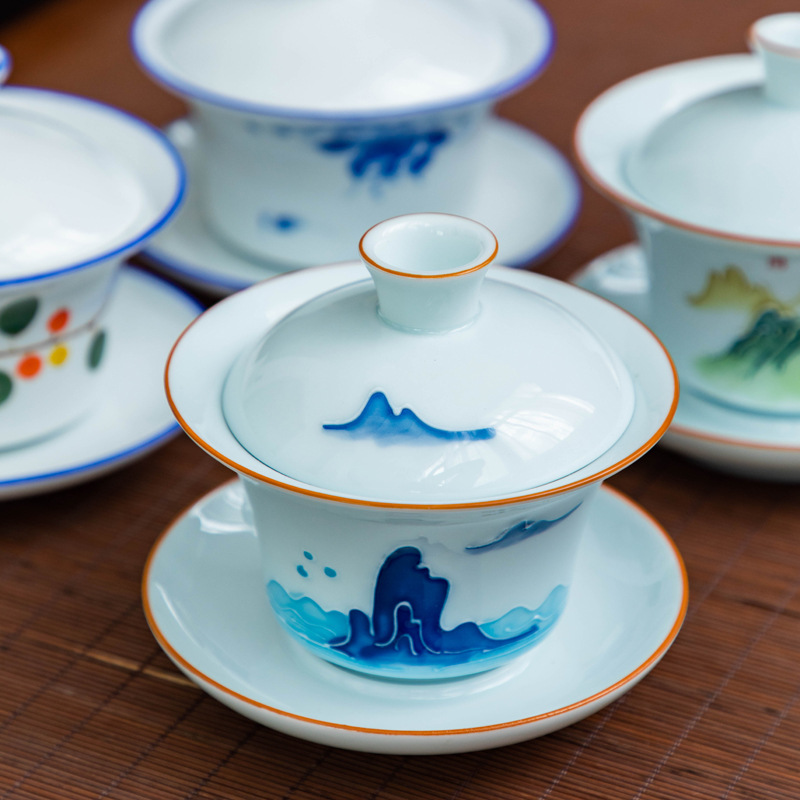 Cubierta pintada a mano Tazón juego de té de Kung Fu Tazón de cerámica porcelana blanca hogar solo tres-Cai Chong dulce burbuja de porcelana blanca lejos Cuenco de cubierta Yuanshan