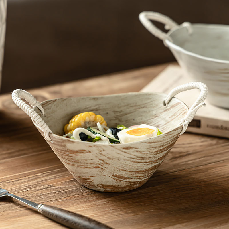 Hacer viejos tacos de cerámica de doble oreja retro cuerdas trenzadas bolos de mangá platos de restaurante japonés ensalada bolos domésticos al por mayor