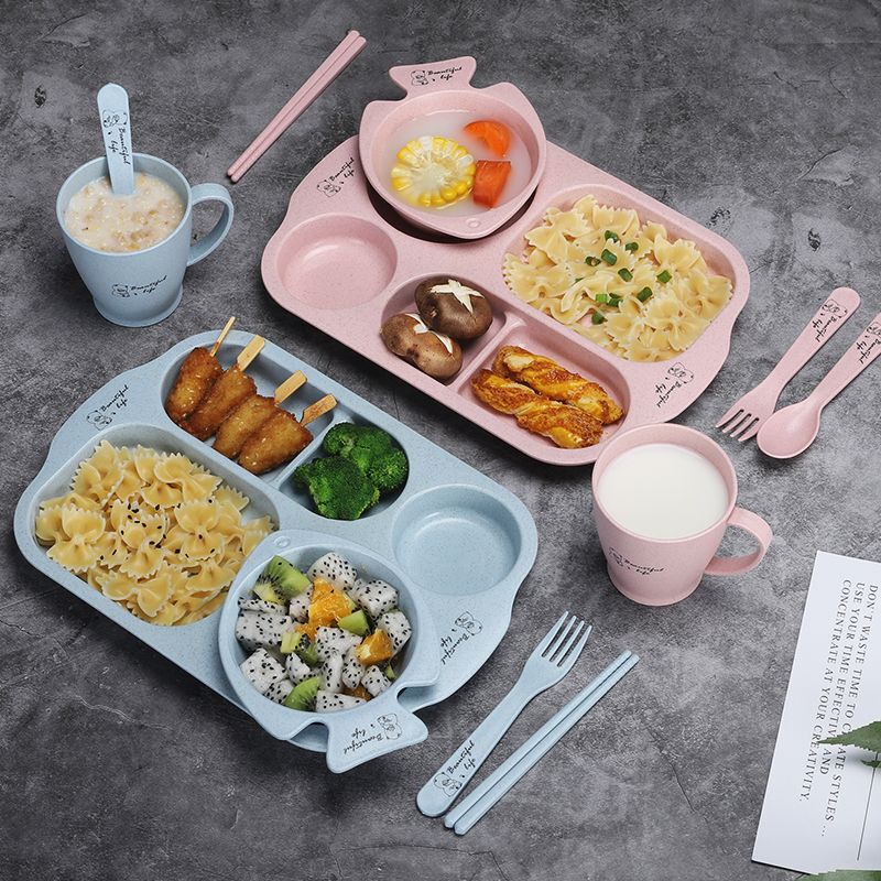 Children's Dinner Plate Kindergarten Lunch Compartmentalized Baby Anti-Fall Eating Utensil Set Wheat Straw Soup Bowl Water Cup