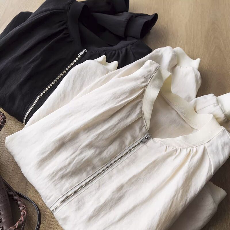 French-Style Fashionable Casual Shiny Linen Lyocell Bubble Hem Loose Zipper Baseball Jacket Short Coat for Women Spring