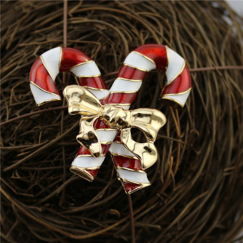  New Handmade Oil-Drip Christmas Cane Brooch Gold Bow Enamel Corsage Christmas Gift