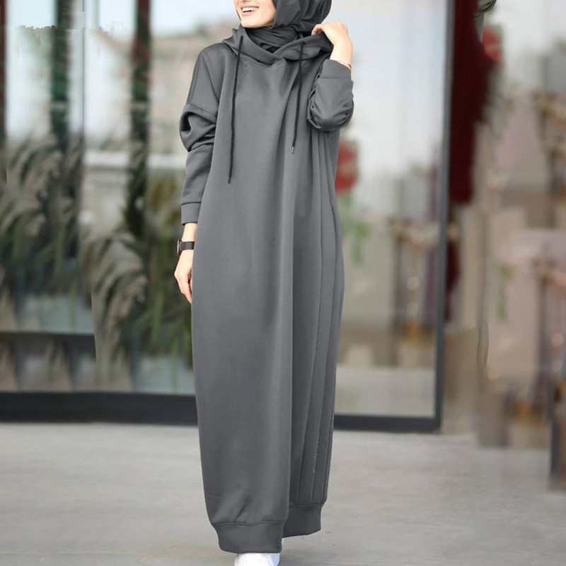 ムスリムの秋の婦人服の純色の毛の綿毛の布は帽子をつないでひものゆったりしているカジュアルなポケットの長袖の女性のカーディガンの女性を引き出します。|undefined