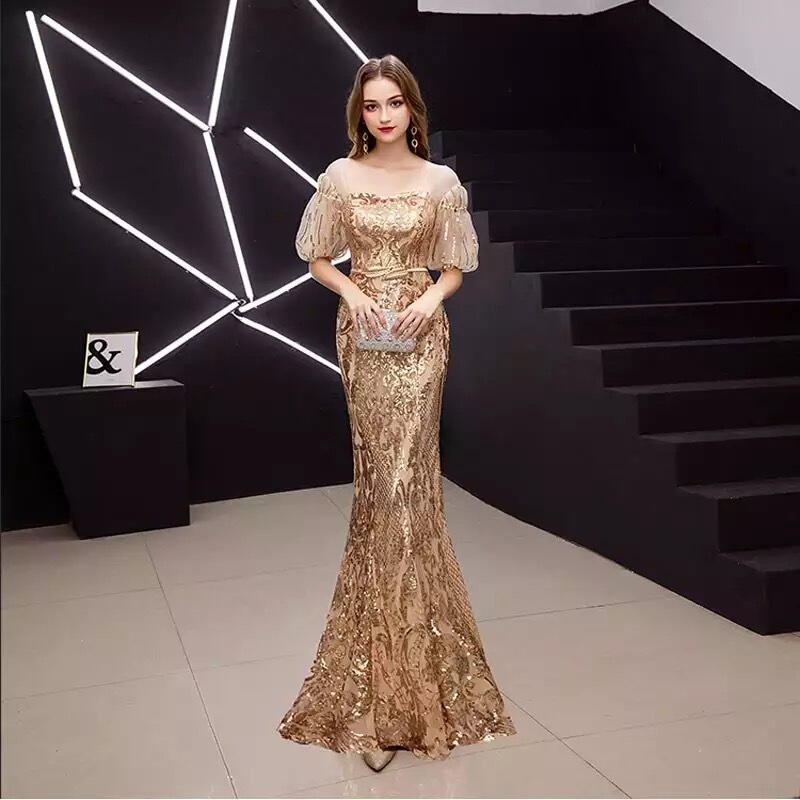 Amazon foreign trade ball gown mermaid robe half puffy sleeves shiny sequins