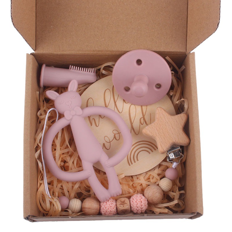 Nuevo bebé suministros estrella de dibujos animados chupete Cadena de silicona creativa conejo elefante mordedor juguete conjunto de cinco piezas