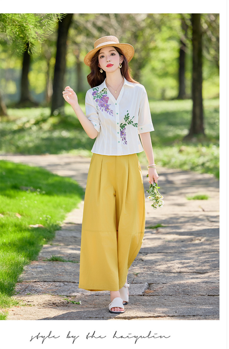 Bộ vest nữ hai mảnh áo sơ mi in họa tiết kết hợp quần ống suông cạp cao — Màu ảnh chi tiết 14